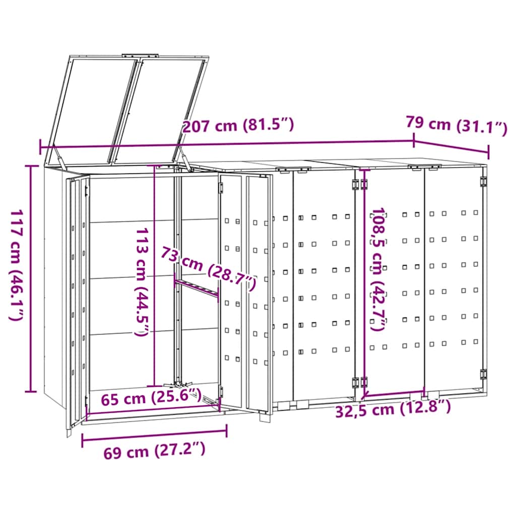 Roskalaatikon säilytystila kolmelle musta 207x79x117 cm teräs