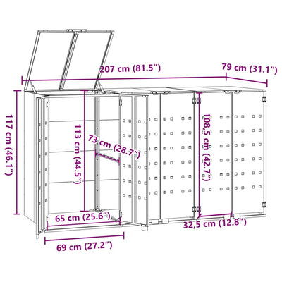 Roskalaatikon säilytystila kolmelle musta 207x79x117 cm teräs