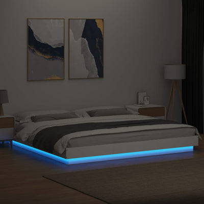 Sängynrunko LED-valoilla valkoinen 200x200 cm tekninen puu