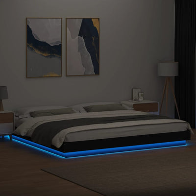 Sängynrunko LED-valoilla musta 200x200 cm tekninen puu