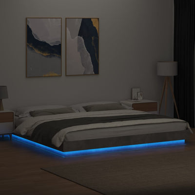 Sängynrunko LED-valoilla betoninharmaa 200x200 cm tekninen puu