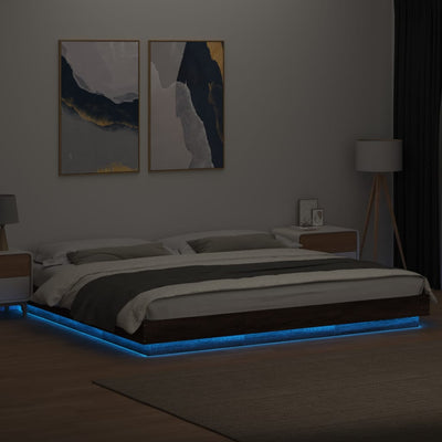Sängynrunko LED-valoilla ruskea tammi 200x200 cm tekninen puu