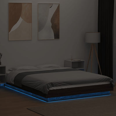 Sängynrunko LED-valoilla ruskea tammi 140x200 cm tekninen puu