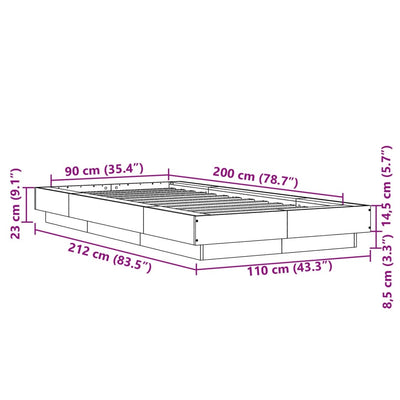 Sängynrunko betoninharmaa 90x200 cm tekninen puu
