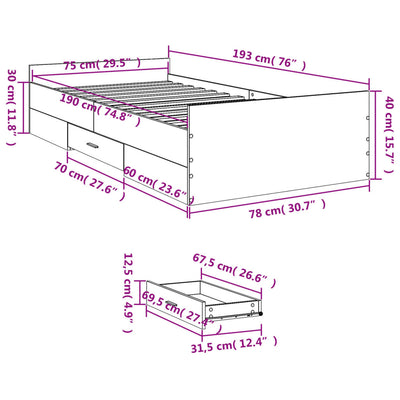 Sängynrunko laatikoilla ruskea tammi 75x190 cm tekninen puu