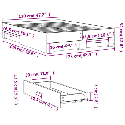 Sängynrunko laatikoilla betoninharmaa 120x200 cm tekninen puu