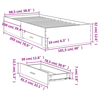 Sängynrunko laatikoilla betoninharmaa 100x200 cm tekninen puu
