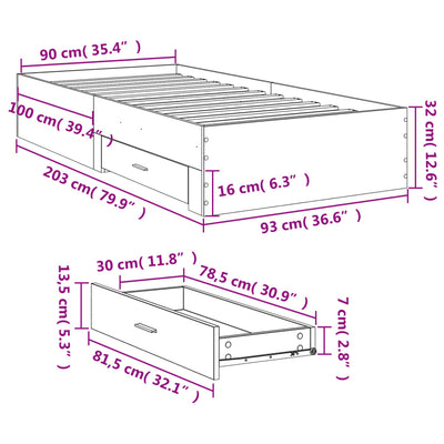 Sängynrunko laatikoilla betoninharmaa 90x200 cm tekninen puu