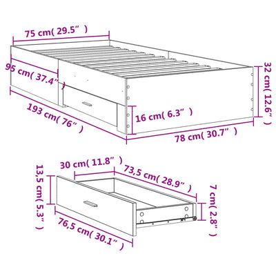 Sängynrunko laatikoilla musta 75x190 cm tekninen puu