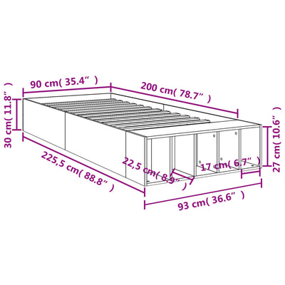 Sängynrunko betoninharmaa 90x200 cm tekninen puu