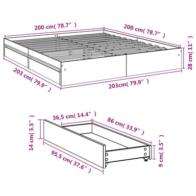 Sängynrunko laatikoilla ruskea tammi 200x200 cm tekninen puu