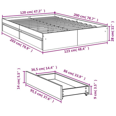 Sängynrunko laatikoilla betoninharmaa 120x200 cm tekninen puu