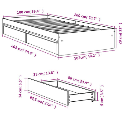 Sängynrunko laatikoilla musta 100x200 cm tekninen puu