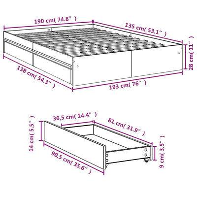 Sängynrunko laatikoilla betoninharmaa 135x190 cm tekninen puu