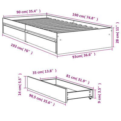 Sängynrunko laatikoilla betoninharmaa 90x190 cm tekninen puu