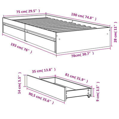Sängynrunko laatikoilla musta 75x190 cm tekninen puu