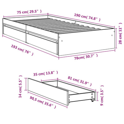 Sängynrunko laatikoilla betoninharmaa 75x190 cm tekninen puu