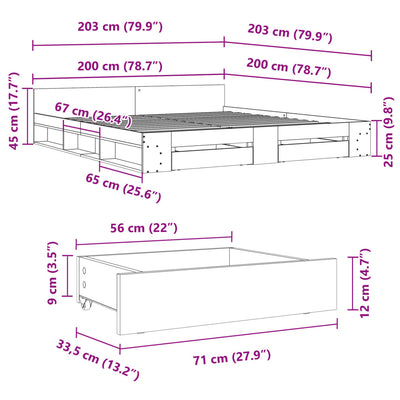 Sängynrunko laatikoilla betoninharmaa 200x200 cm tekninen puu