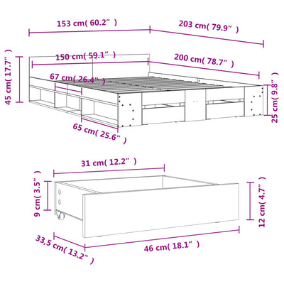 Sängynrunko laatikoilla betoninharmaa 150x200 cm tekninen puu