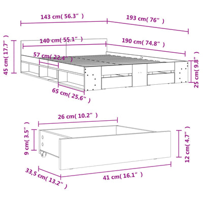 Sängynrunko laatikoilla betoninharmaa 140x190 cm tekninen puu
