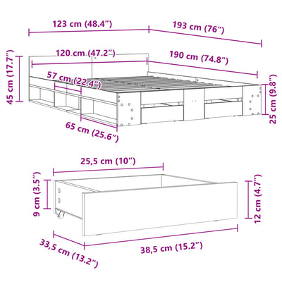 Sängynrunko laatikoilla betoninharmaa 120x190 cm tekninen puu