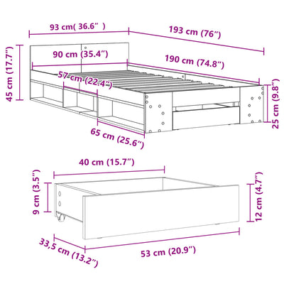 Sängynrunko laatikolla betoninharmaa 90x190 cm tekninen puu