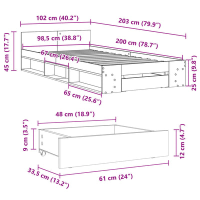 Sängynrunko laatikolla betoninharmaa 100x200 cm tekninen puu