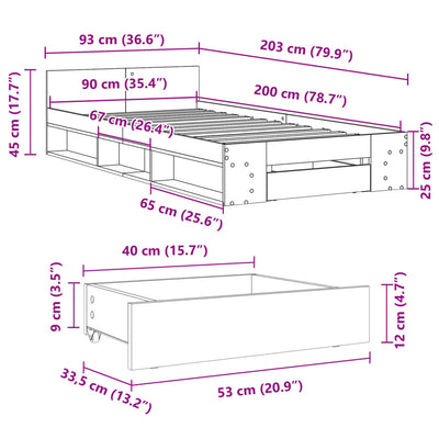 Sängynrunko laatikolla savutammi 90x200 cm tekninen puu