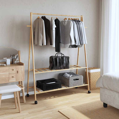Vaateteline hyllyillä ja pyörillä 132x45,5x155,5 cm bambu