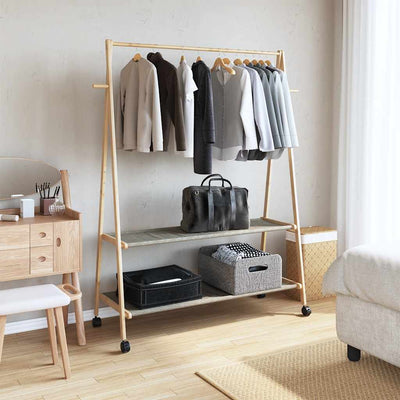 Vaateteline hyllyillä ja pyörillä 132x45,5x155,5 cm bambu