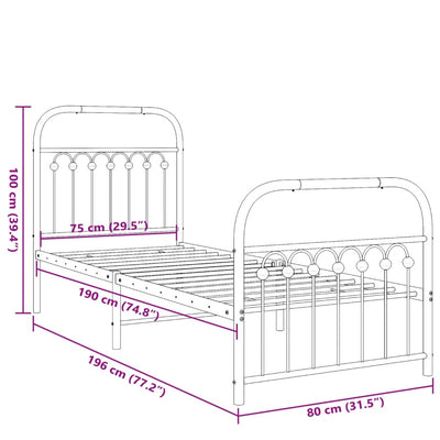 Valkoinen metallinen sängynrunko päädyillä Sena 75x190cm