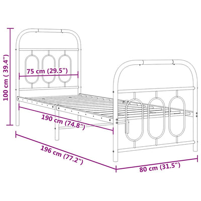 Valkoinen metallinen sängynrunko päädyillä Atce 75x190cm