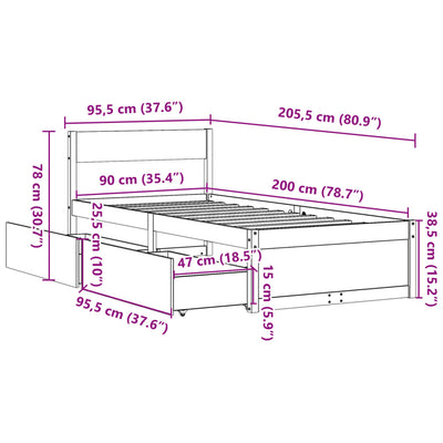 Sängynrunko laatikoilla vahanruskea 90x200 cm täysi mänty