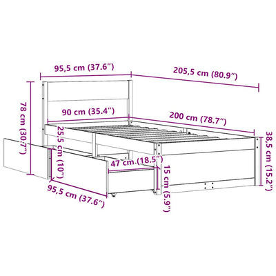 Vahanruskea sängynrunko laatikoilla Rizetta 90x200cm (mänty)