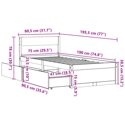 Sängynrunko laatikoilla vahanruskea 75x190 cm täysi mänty