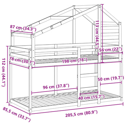 Valkoinen kerrossänky katoksella Partin 80x200cm (mänty)