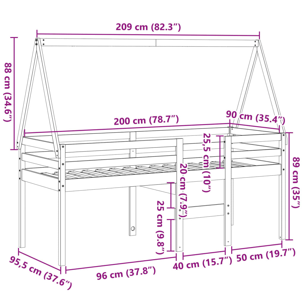 Valkoinen korotettu sänky katoksella Udae 90x200cm (mänty)