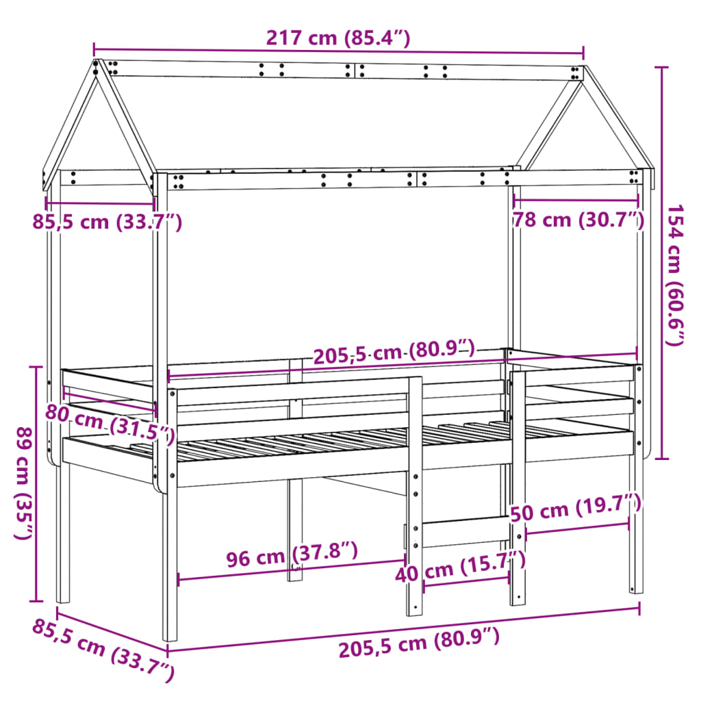 Vahanruskea korotettu sänky katolla Aurelta 80x200cm (mänty)