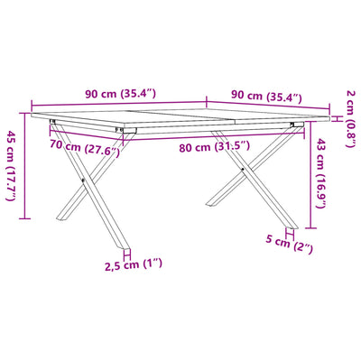 Sohvapöytä X-runko 90x90x45 cm täysi mänty ja valurauta