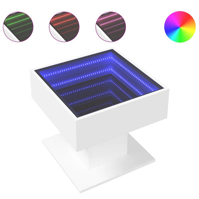 Sohvapöytä LED-valoilla valkoinen 50x50x45 cm tekninen puu