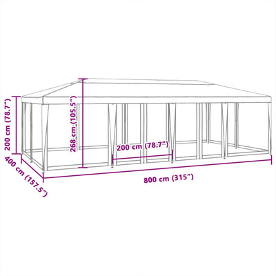 Juhlateltta 12 mesh-sivuseinillä Valkoinen 8x4 m HDPE