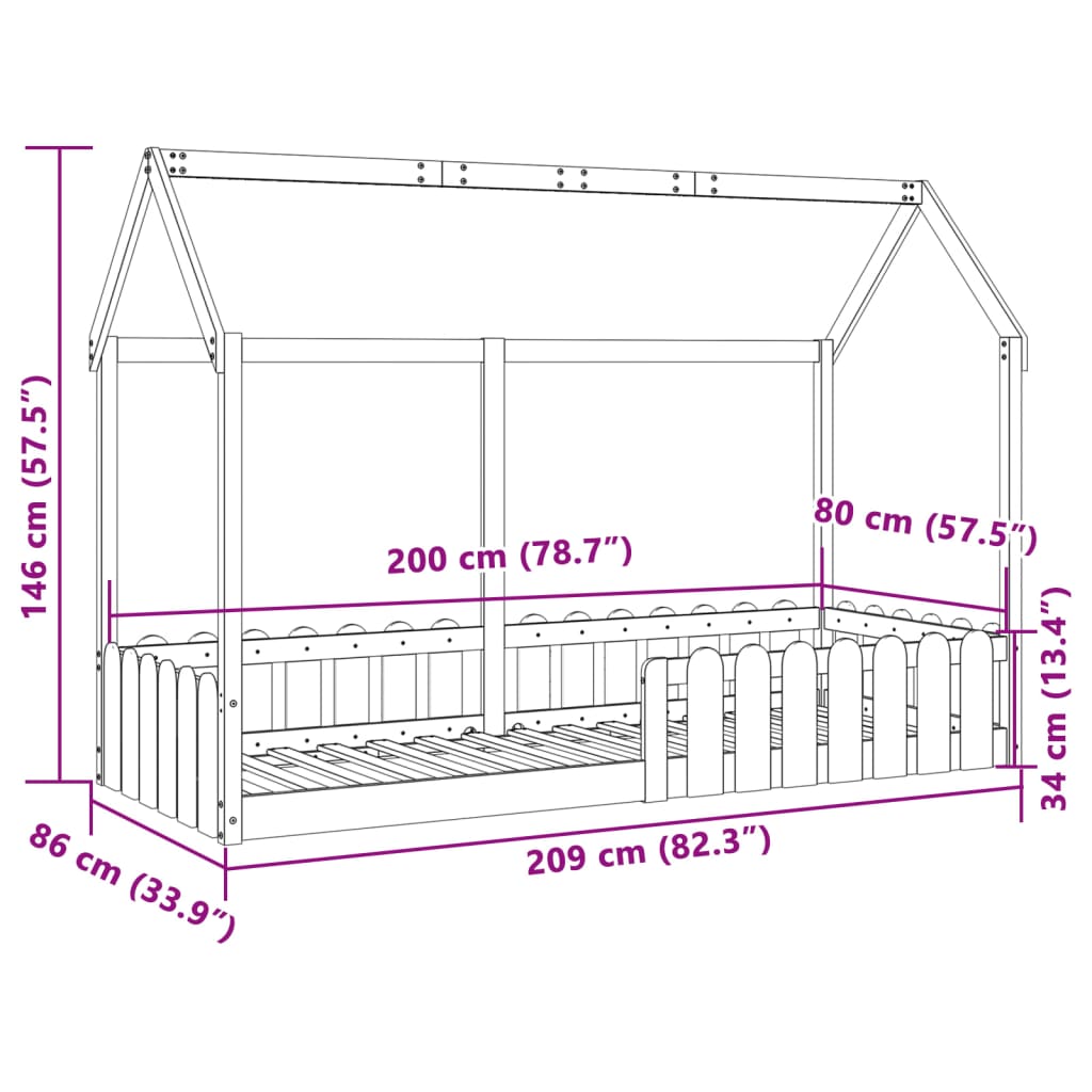 Valkoinen lasten talo sängynrunko Luigia 80x200cm (mänty)