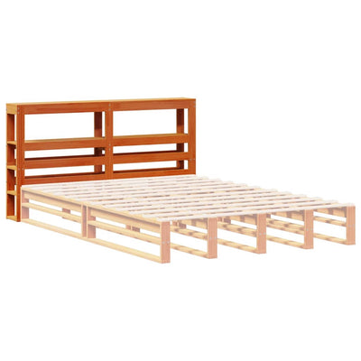 Sängynpääty hyllyillä vahanruskea 120 cm täysi mänty