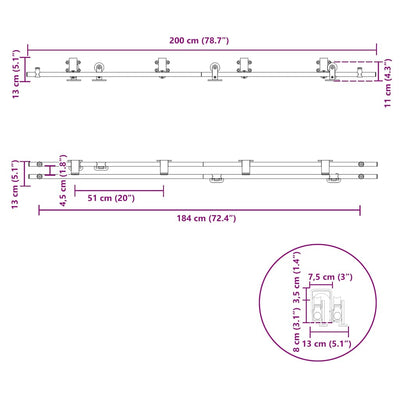 Hopea liukuoven asennustarvikkeet Motrea 200cm (ruostumaton teräs)