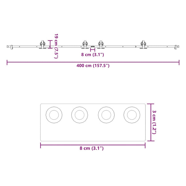 Musta liukuovi hardware kit Rentie 400cm (teräs)