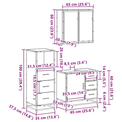 Ruskea kylpyhuoneen kalustesarja Odis (3-osainen, tammi puinen)