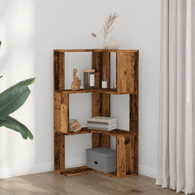 Kulmakirjahylly 3 tasoa vanha puu 50x50x102 cm tekninen puu