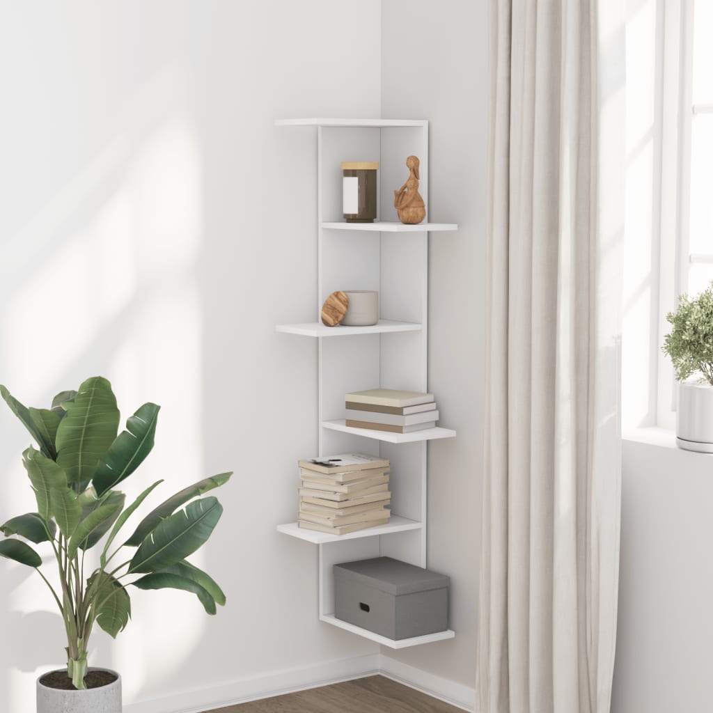 Valkoinen seinäkulmahylly Clarine 36,5x36,5x140cm (puinen)