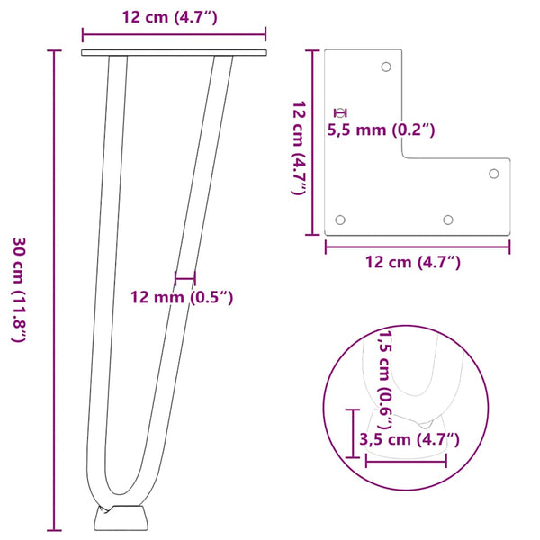 Sohvapöydän hiusneulajalat 4 kpl antrasiitti 30 cm täysteräs