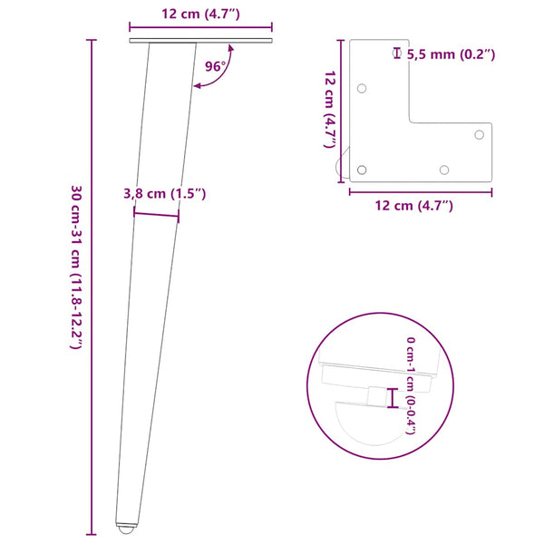 Sohvapöydän jalat kartiomaiset 4 kpl valkoinen 30-31 cm teräs